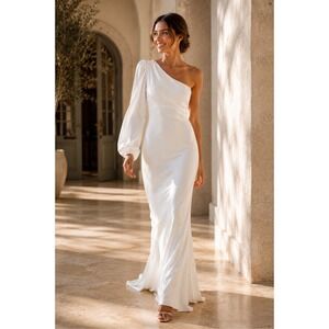 NWT Mac Duggal One Shoulder Satin Wedding Gown Minimalist Bridal Dress White 4